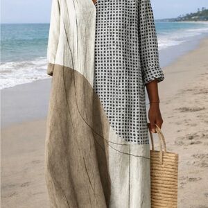 Neutral Colorblock Midi Dress in Beige and Gray